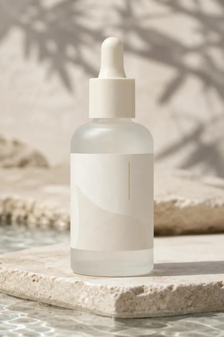 Skincare serum in a morning-light water scene